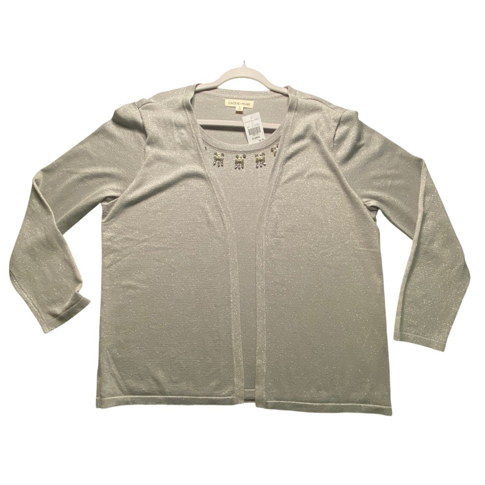 Cactus + Pearl Womens XL Silver Metallic Faux Twinset Embellished Sweater NWT‎